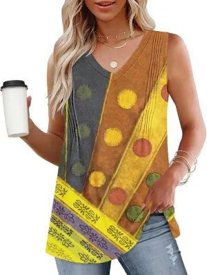Fashion Vintage Print Sleeveless Shirts for Women, Summer Loose Casual Vacation Clothes Lightweight Comfy V-Neck Tops
