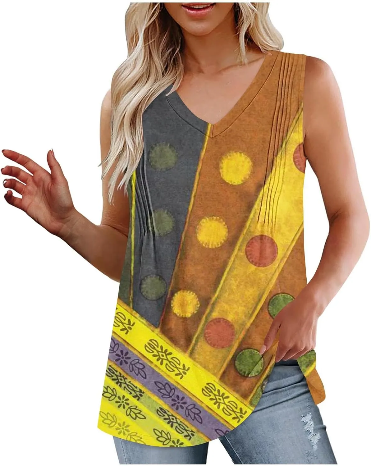 Fashion Vintage Print Sleeveless Shirts for Women, Summer Loose Casual Vacation Clothes Lightweight Comfy V-Neck Tops