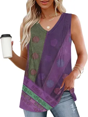 Fashion Vintage Print Sleeveless Shirts for Women, Summer Loose Casual Vacation Clothes Lightweight Comfy V-Neck Tops