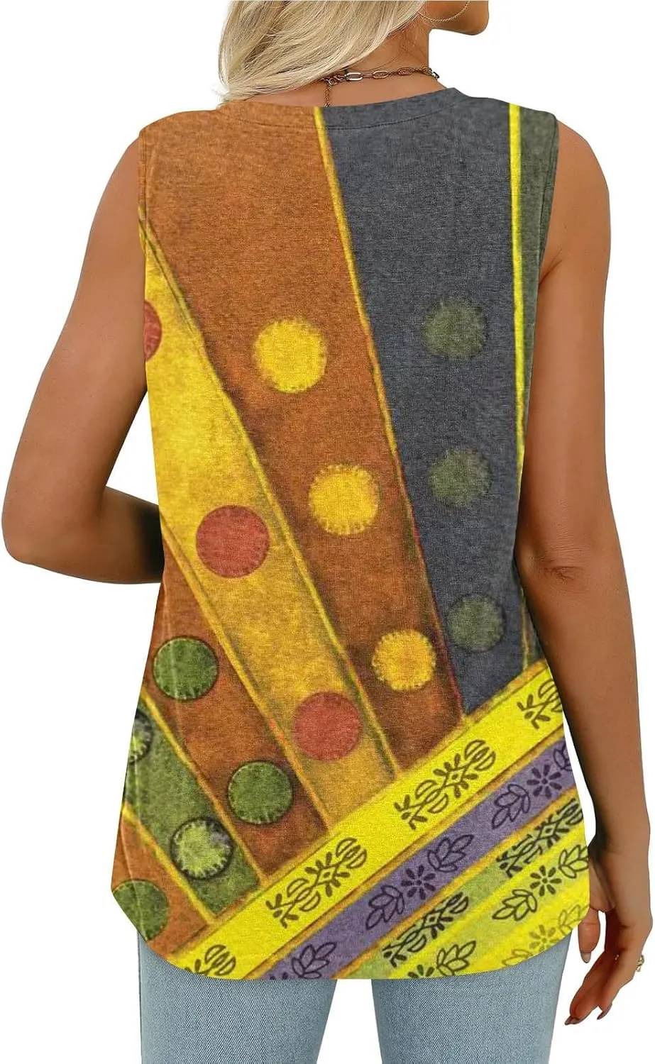 Fashion Vintage Print Sleeveless Shirts for Women, Summer Loose Casual Vacation Clothes Lightweight Comfy V-Neck Tops