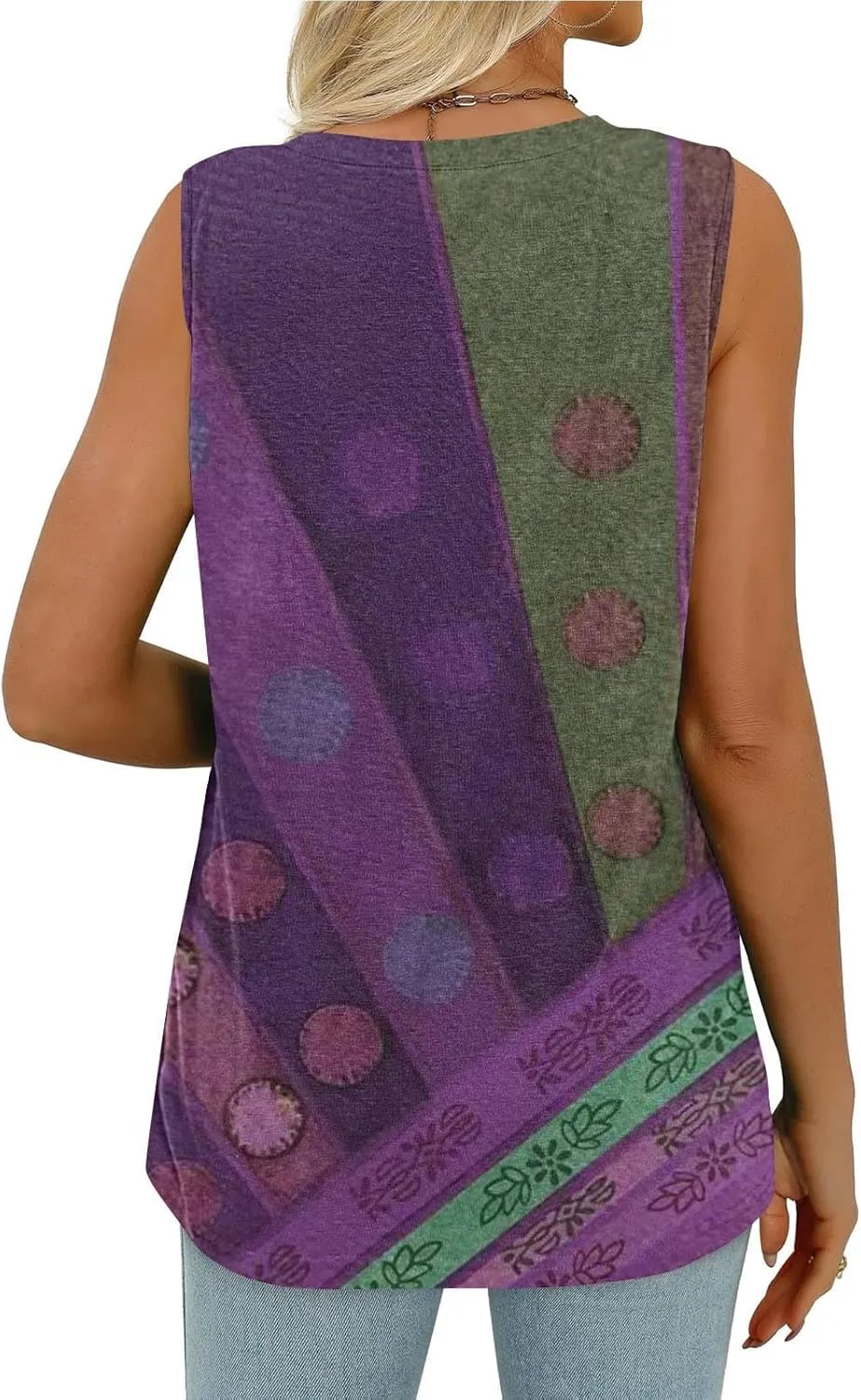 Fashion Vintage Print Sleeveless Shirts for Women, Summer Loose Casual Vacation Clothes Lightweight Comfy V-Neck Tops
