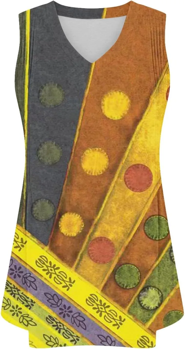 Fashion Vintage Print Sleeveless Shirts for Women, Summer Loose Casual Vacation Clothes Lightweight Comfy V-Neck Tops