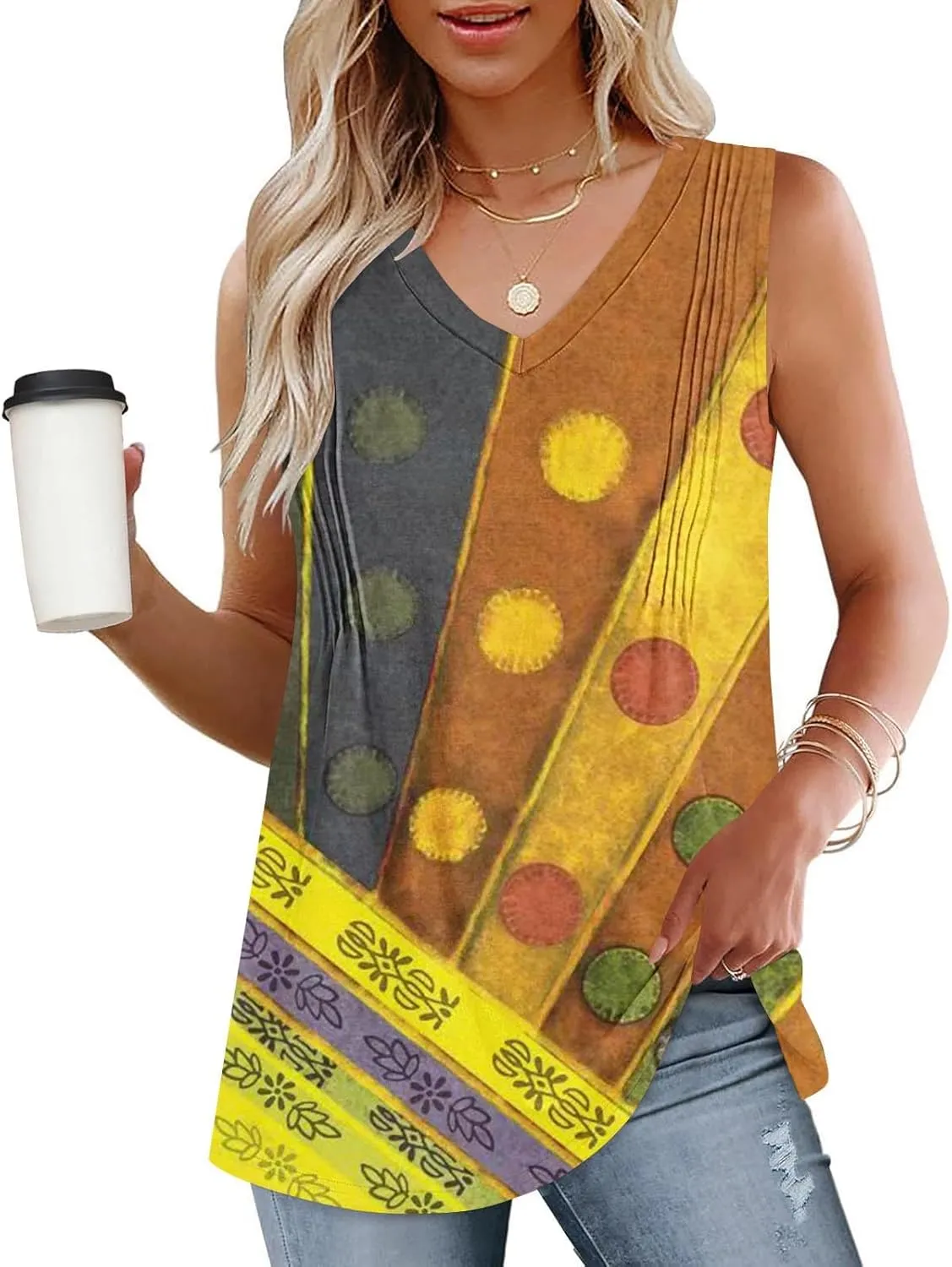 Fashion Vintage Print Sleeveless Shirts for Women, Summer Loose Casual Vacation Clothes Lightweight Comfy V-Neck Tops