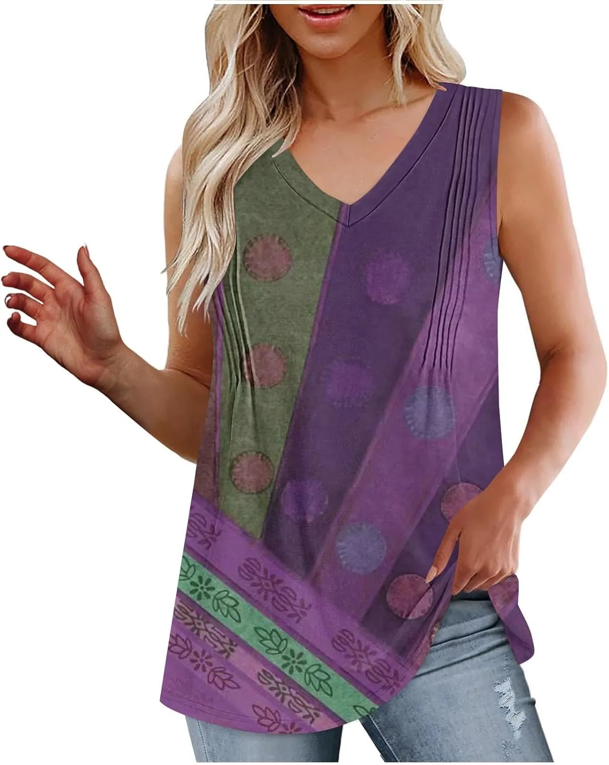 Fashion Vintage Print Sleeveless Shirts for Women, Summer Loose Casual Vacation Clothes Lightweight Comfy V-Neck Tops