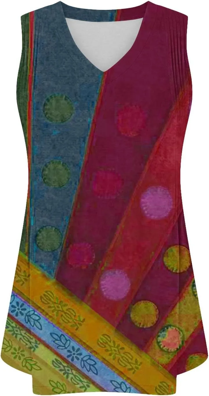 Fashion Vintage Print Sleeveless Shirts for Women, Summer Loose Casual Vacation Clothes Lightweight Comfy V-Neck Tops