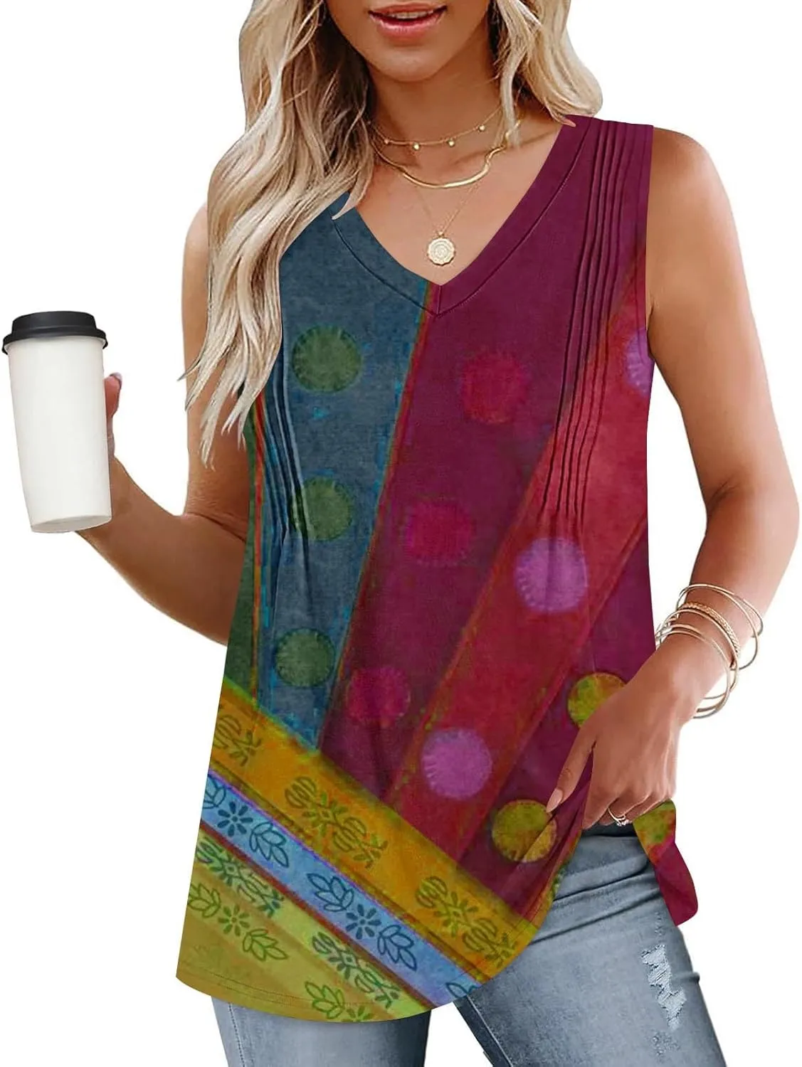 Fashion Vintage Print Sleeveless Shirts for Women, Summer Loose Casual Vacation Clothes Lightweight Comfy V-Neck Tops