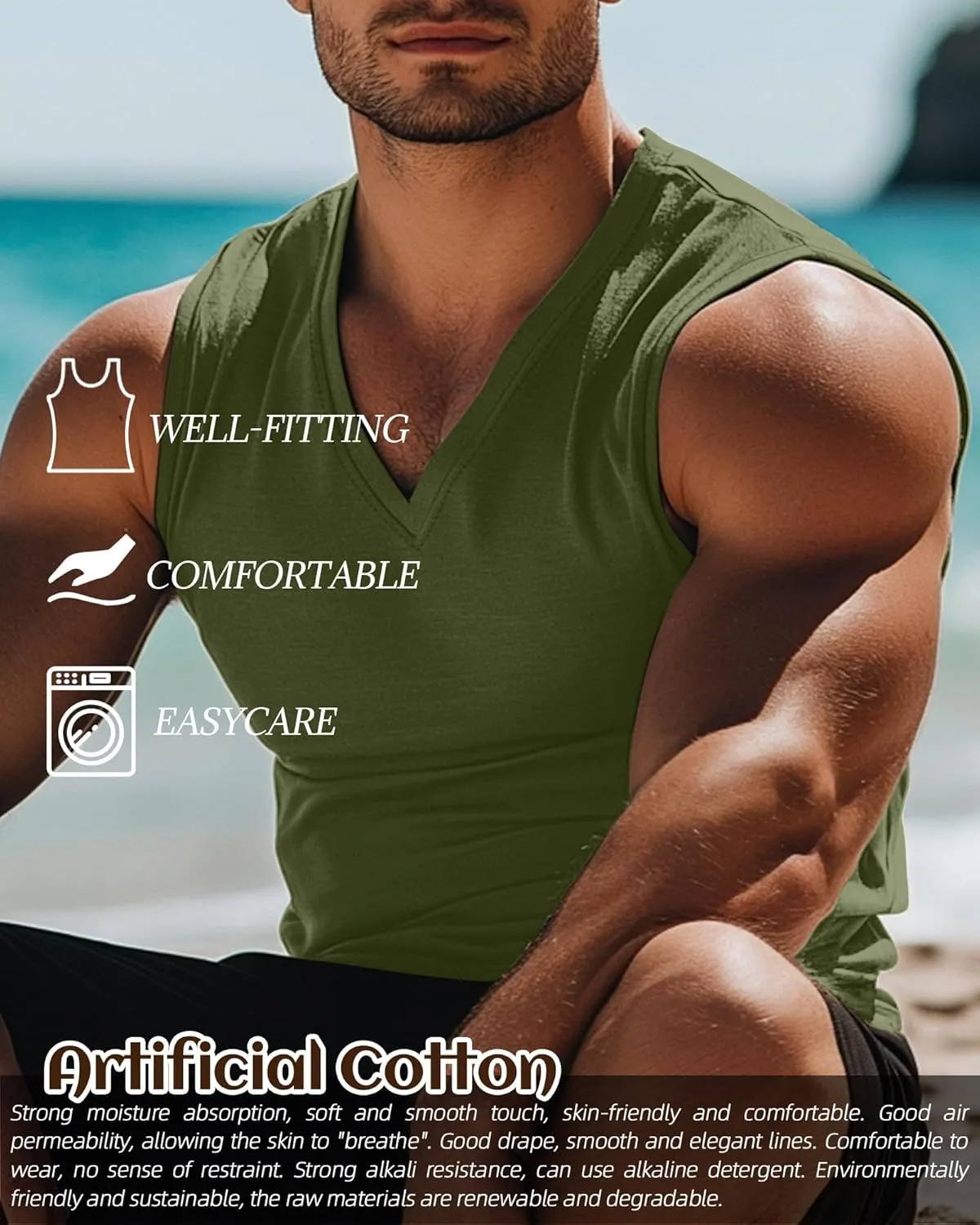 Ficerd 3 Pack Men's Big and Tall Workout Tank Tops, Cotton V Neck Sleeveless Gym Muscle T-Shirts Athletic Tee Summer Vest Top