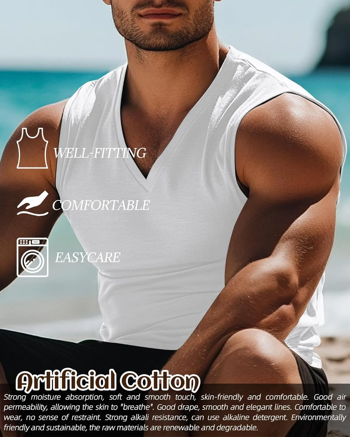 Ficerd 3 Pack Men's Big and Tall Workout Tank Tops, Cotton V Neck Sleeveless Gym Muscle T-Shirts Athletic Tee Summer Vest Top