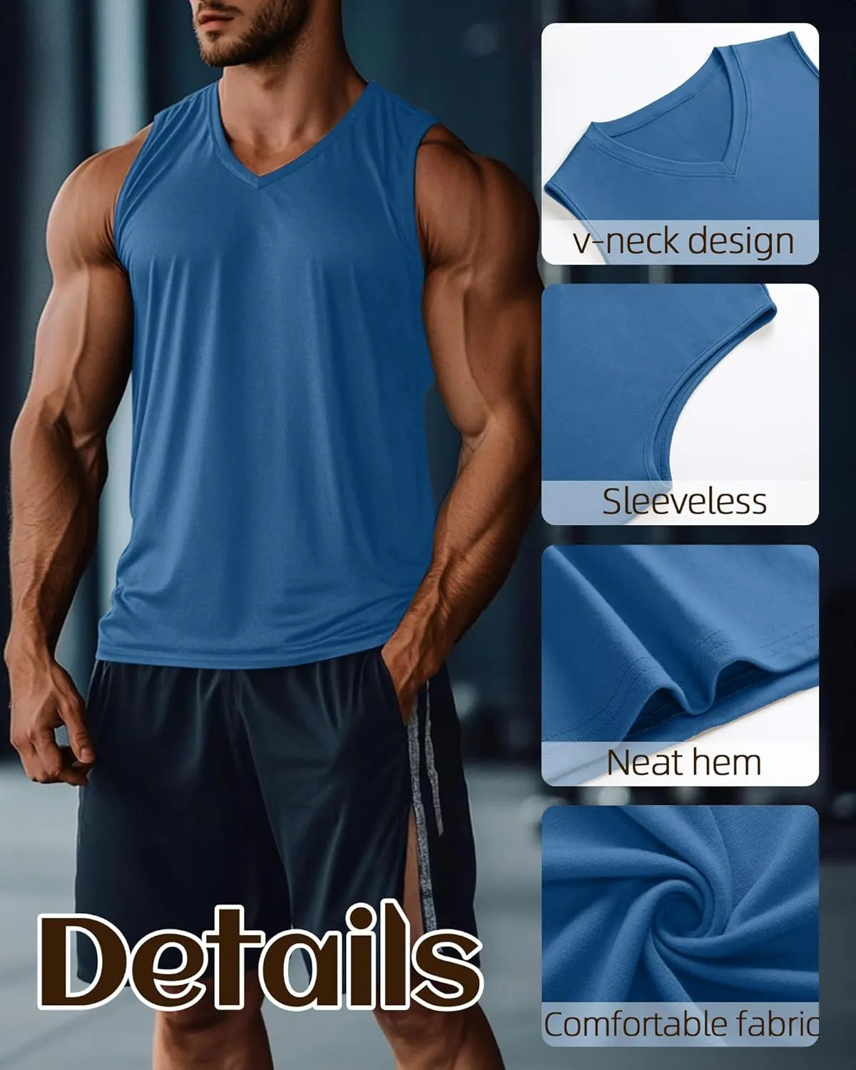 Ficerd 3 Pack Men's Big and Tall Workout Tank Tops, Cotton V Neck Sleeveless Gym Muscle T-Shirts Athletic Tee Summer Vest Top