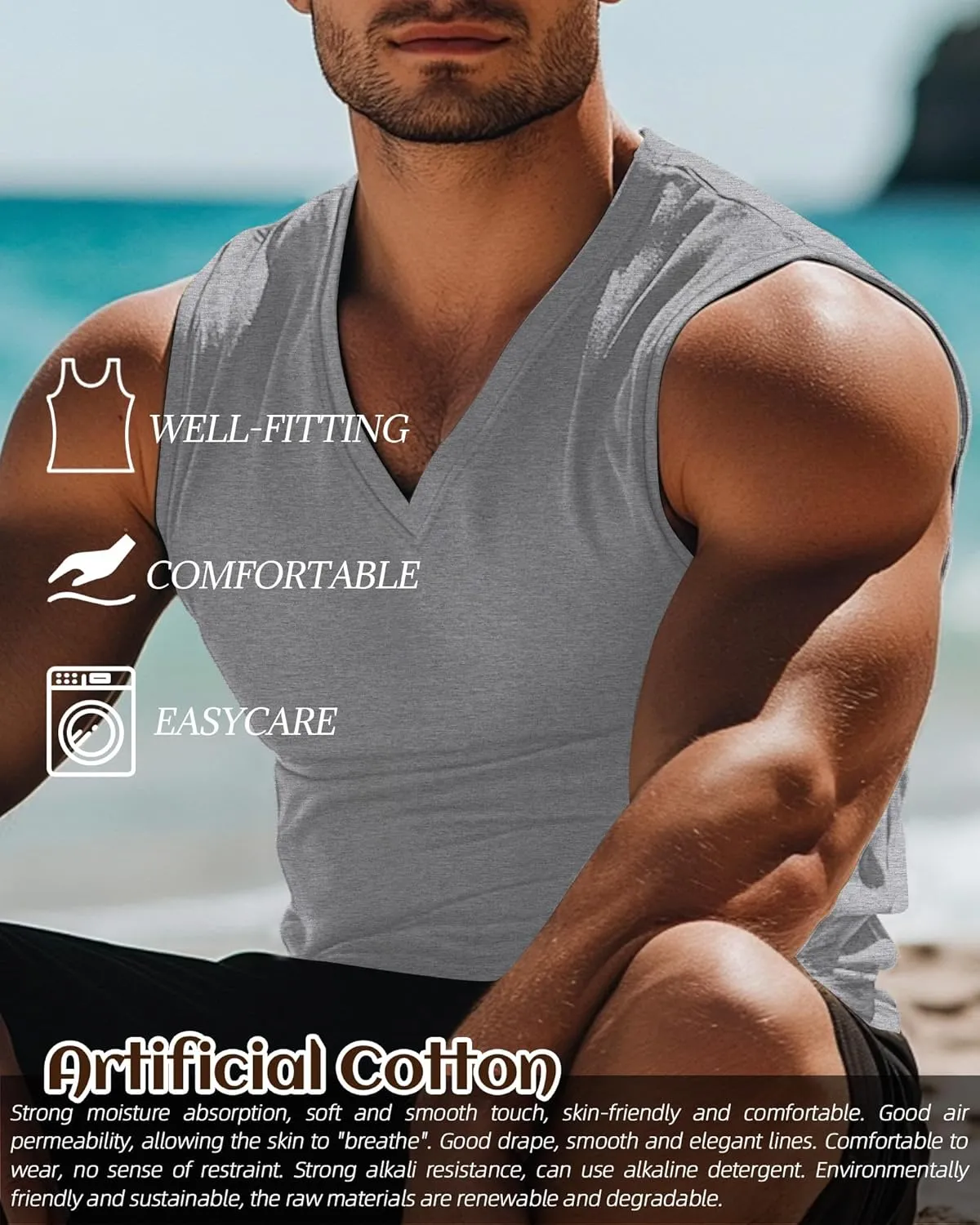 Ficerd 3 Pack Men's Big and Tall Workout Tank Tops, Cotton V Neck Sleeveless Gym Muscle T-Shirts Athletic Tee Summer Vest Top