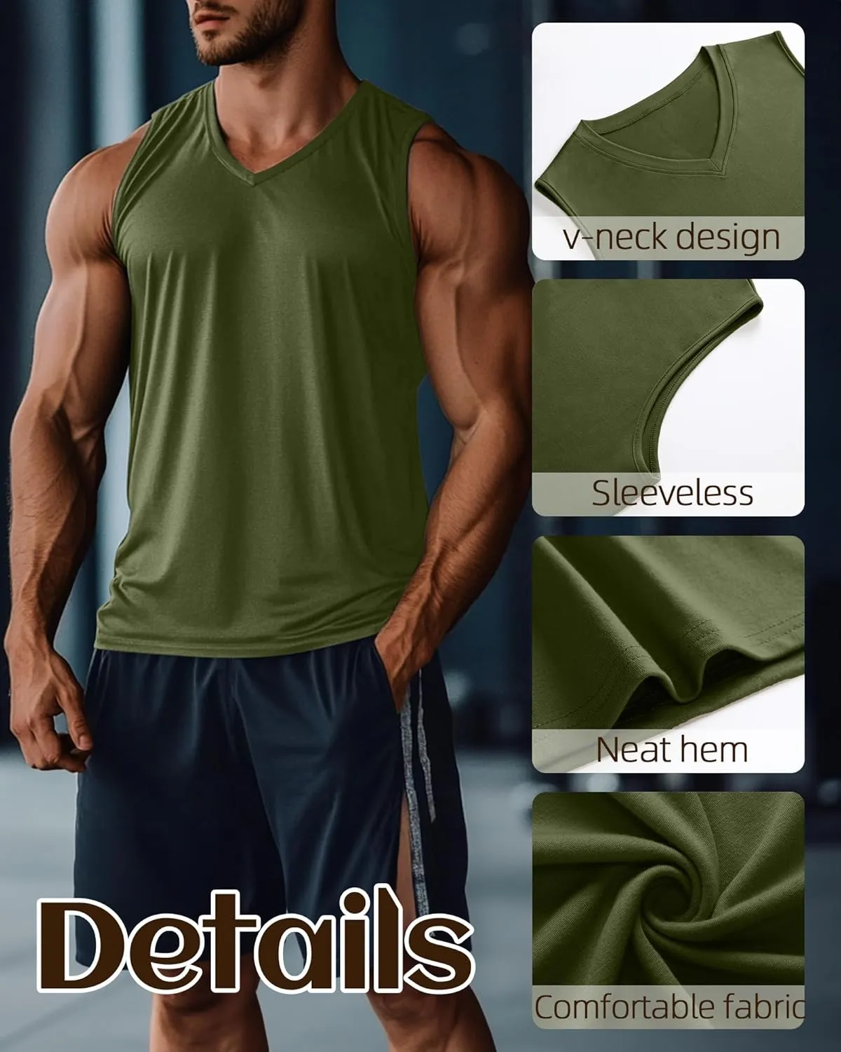 Ficerd 3 Pack Men's Big and Tall Workout Tank Tops, Cotton V Neck Sleeveless Gym Muscle T-Shirts Athletic Tee Summer Vest Top
