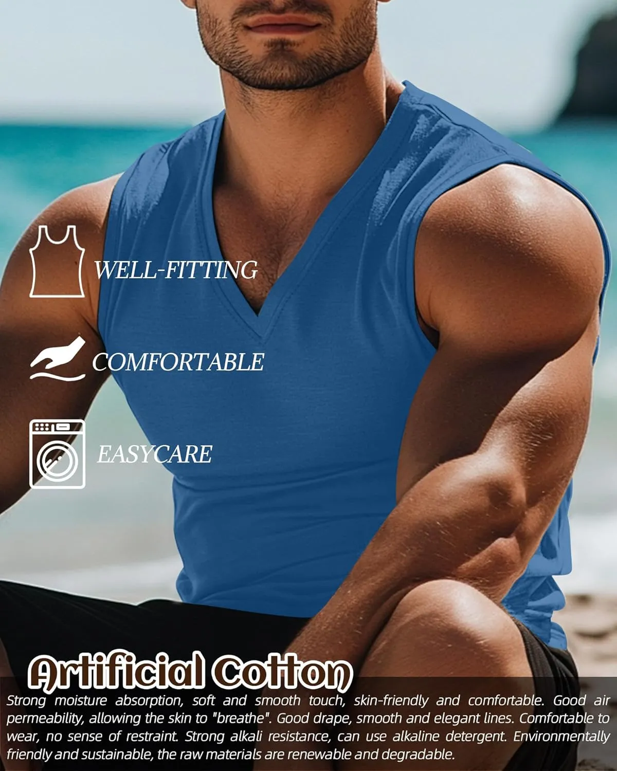Ficerd 3 Pack Men's Big and Tall Workout Tank Tops, Cotton V Neck Sleeveless Gym Muscle T-Shirts Athletic Tee Summer Vest Top