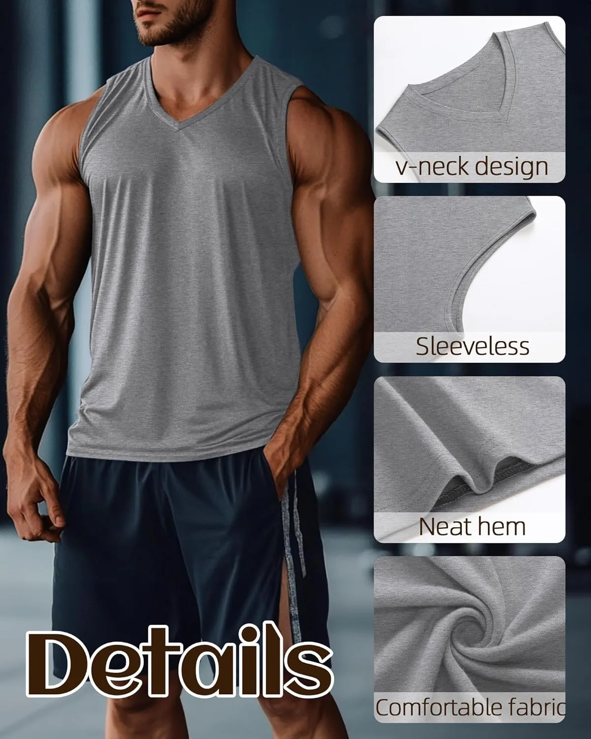 Ficerd 3 Pack Men's Big and Tall Workout Tank Tops, Cotton V Neck Sleeveless Gym Muscle T-Shirts Athletic Tee Summer Vest Top
