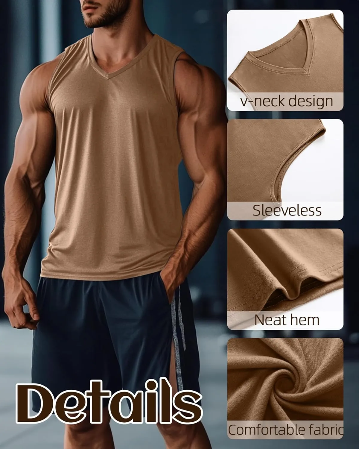 Ficerd 3 Pack Men's Big and Tall Workout Tank Tops, Cotton V Neck Sleeveless Gym Muscle T-Shirts Athletic Tee Summer Vest Top