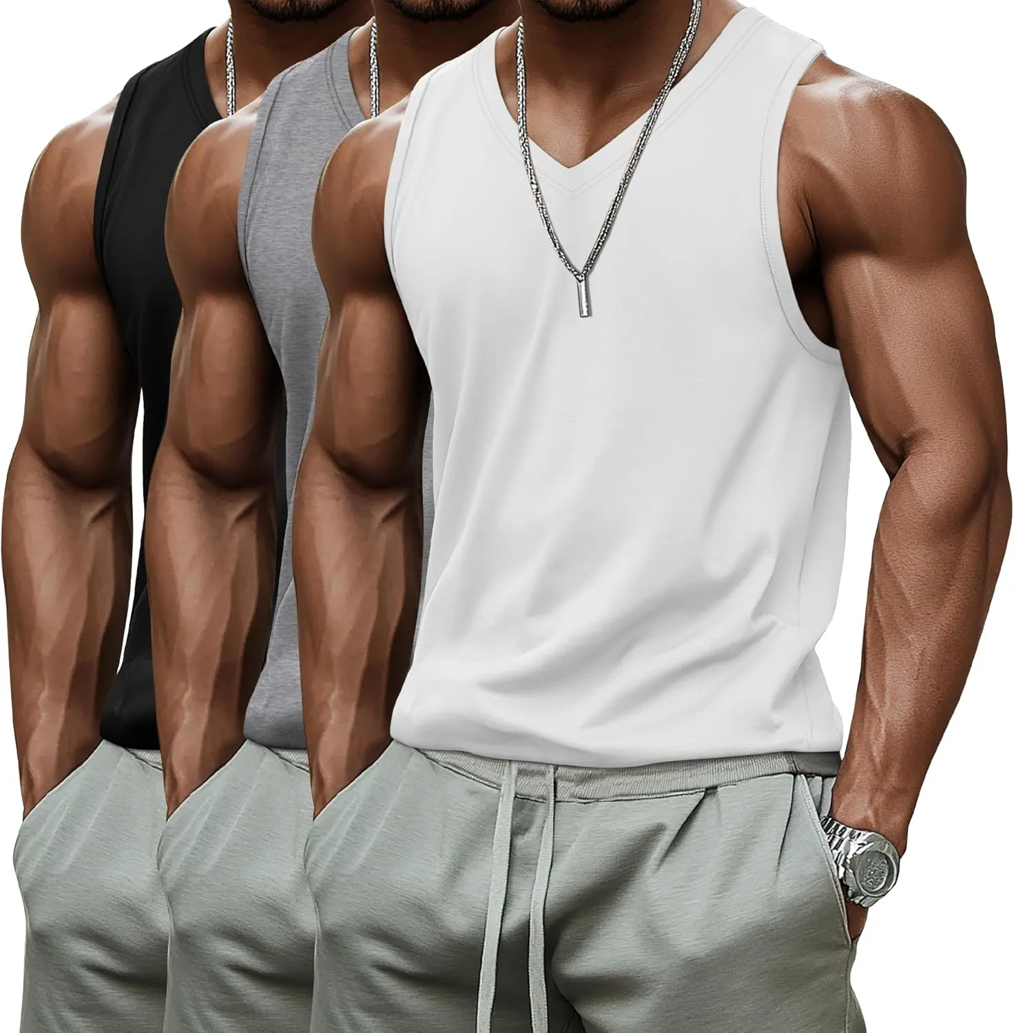 Ficerd 3 Pack Men's Big and Tall Workout Tank Tops, Cotton V Neck Sleeveless Gym Muscle T-Shirts Athletic Tee Summer Vest Top