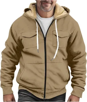 Flannel Jacket for Mens Long Sleeve Zipper Jackets Sherpa Fleece Lined Vintage Print Coats Casual Loose Hoodies