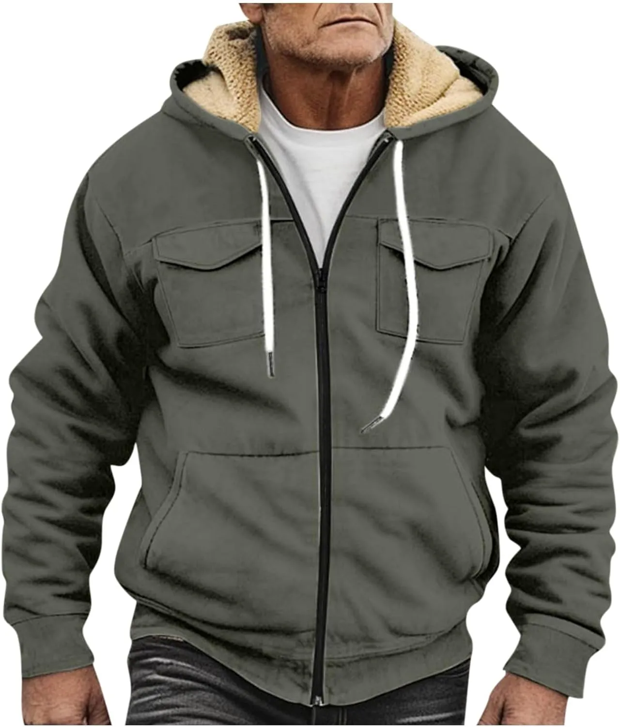 Flannel Jacket for Mens Long Sleeve Zipper Jackets Sherpa Fleece Lined Vintage Print Coats Casual Loose Hoodies