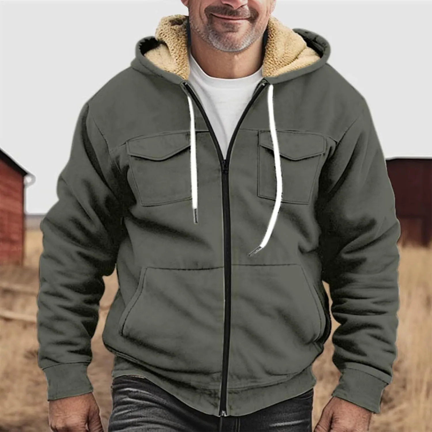 Flannel Jacket for Mens Long Sleeve Zipper Jackets Sherpa Fleece Lined Vintage Print Coats Casual Loose Hoodies
