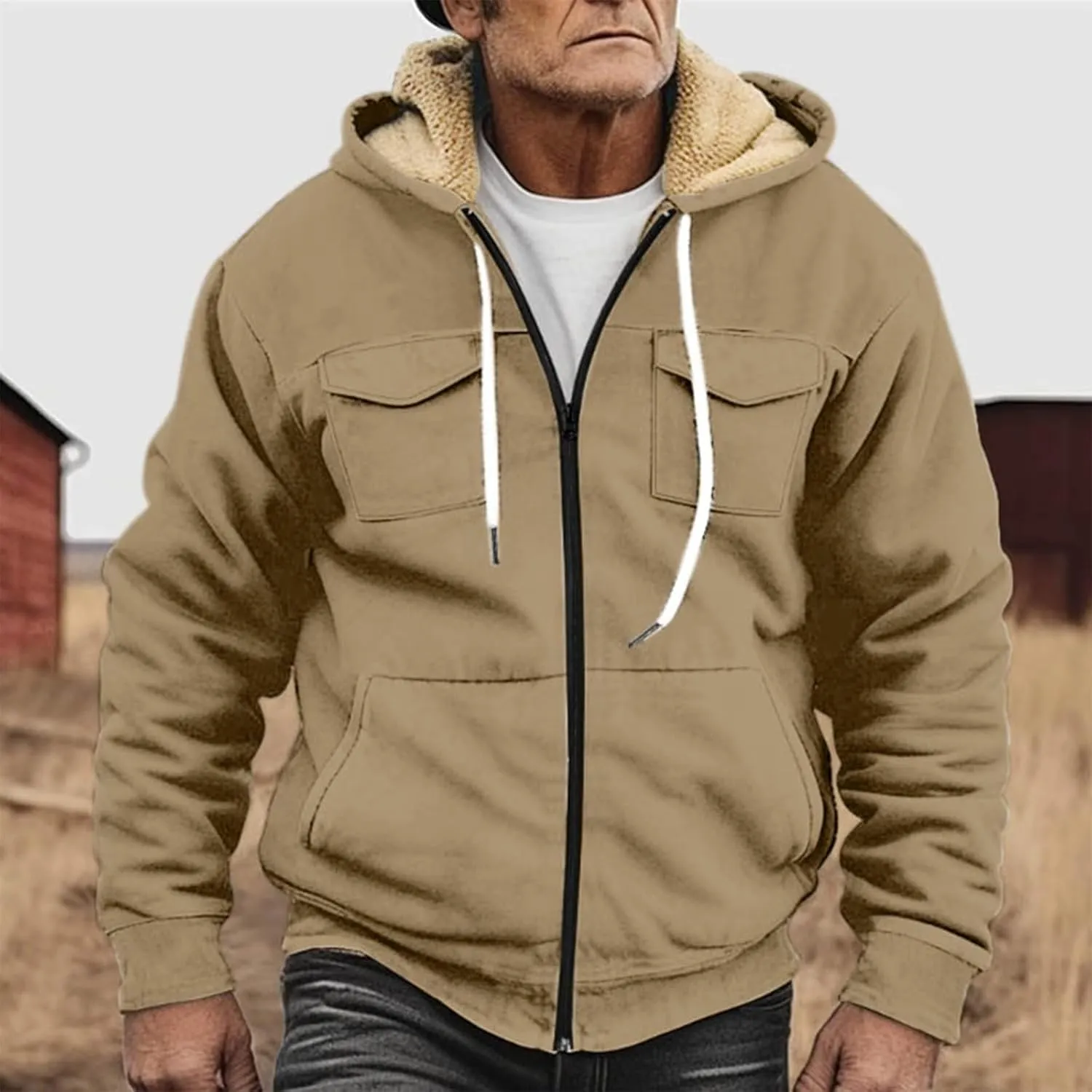 Flannel Jacket for Mens Long Sleeve Zipper Jackets Sherpa Fleece Lined Vintage Print Coats Casual Loose Hoodies