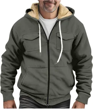 Flannel Jacket for Mens Long Sleeve Zipper Jackets Sherpa Fleece Lined Vintage Print Coats Casual Loose Hoodies