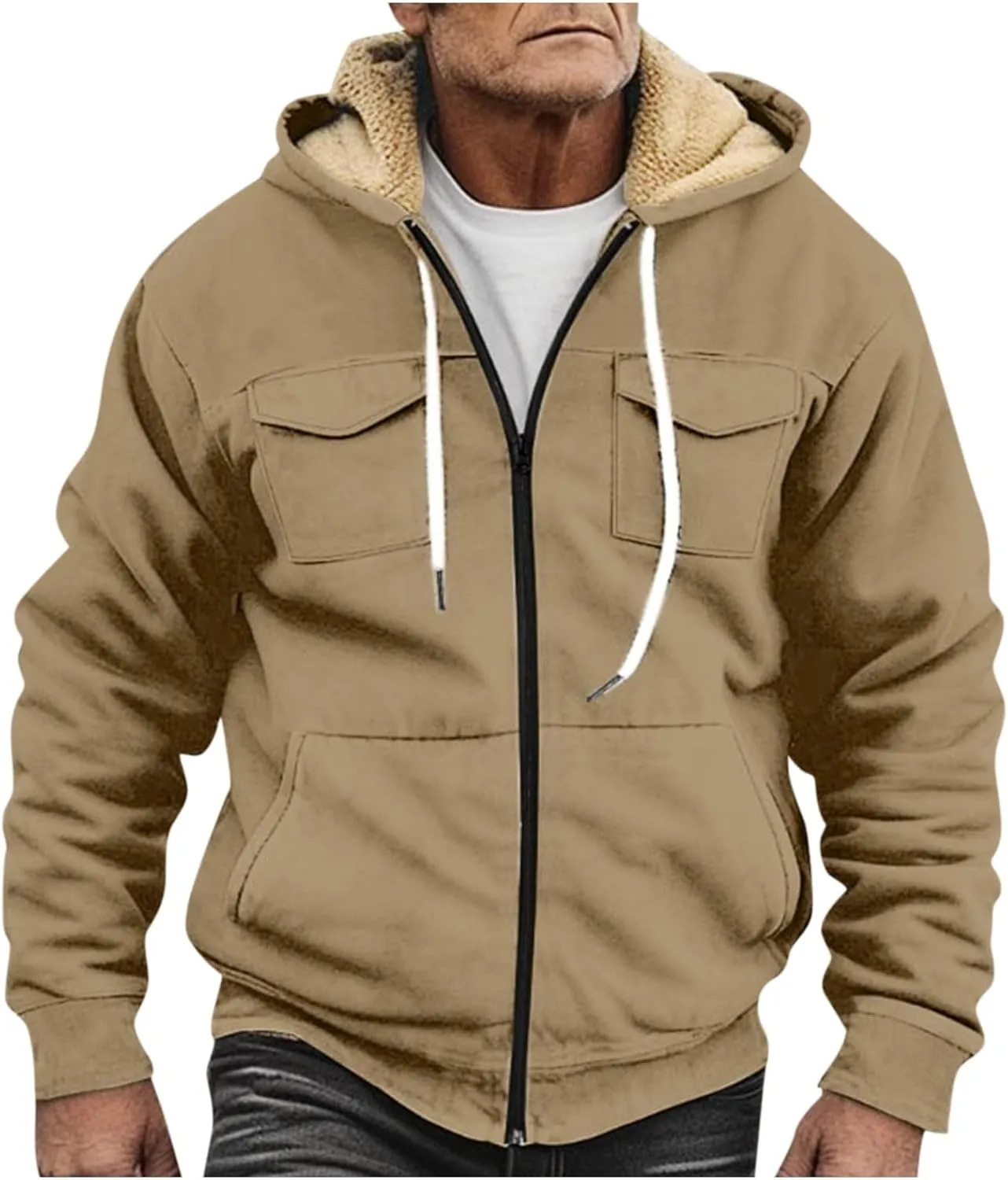 Flannel Jacket for Mens Long Sleeve Zipper Jackets Sherpa Fleece Lined Vintage Print Coats Casual Loose Hoodies