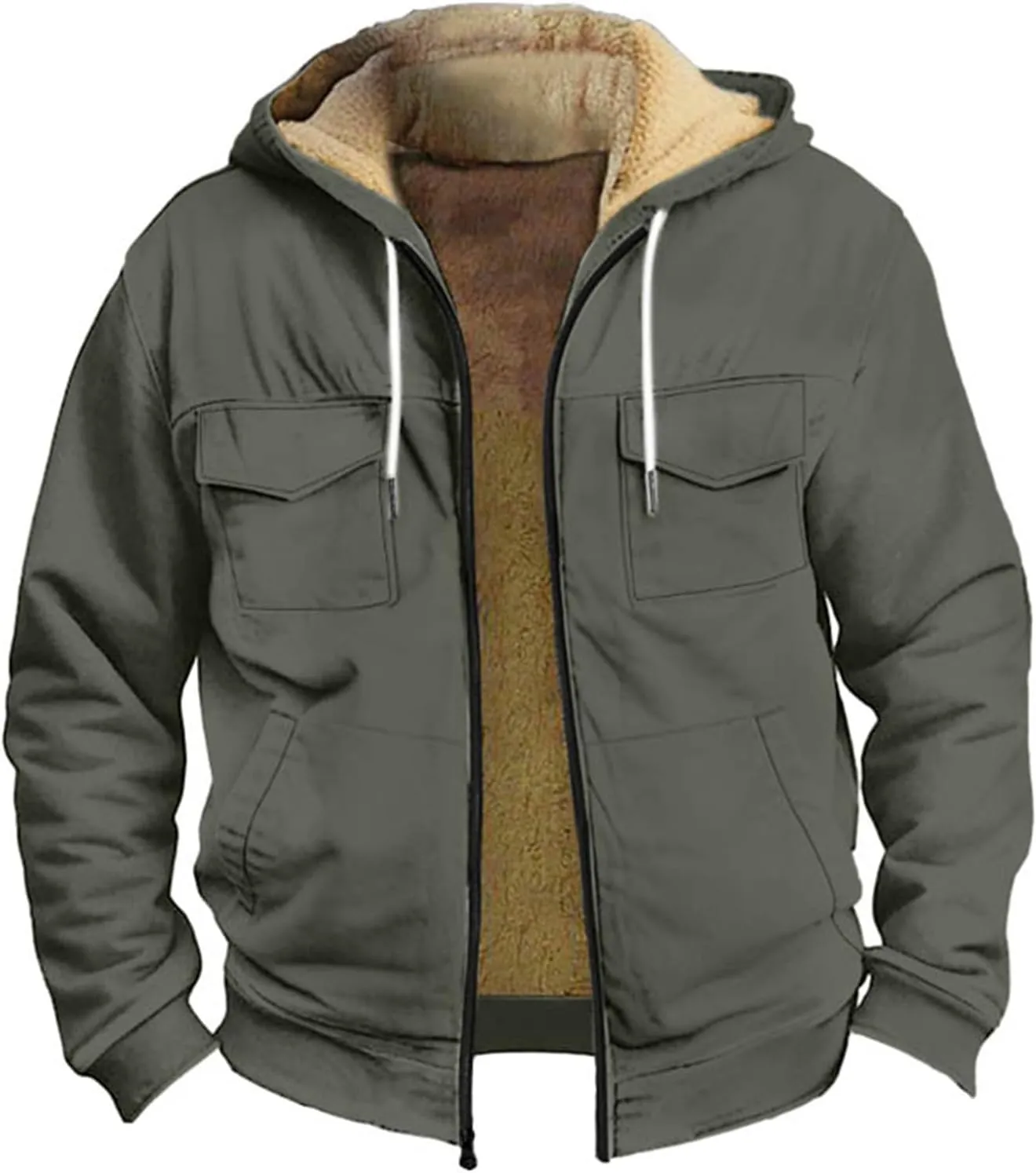 Flannel Jacket for Mens Long Sleeve Zipper Jackets Sherpa Fleece Lined Vintage Print Coats Casual Loose Hoodies