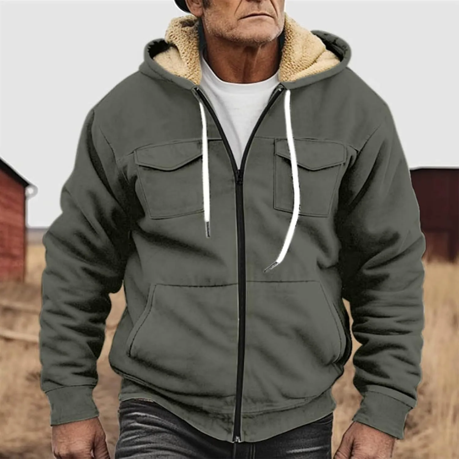 Flannel Jacket for Mens Long Sleeve Zipper Jackets Sherpa Fleece Lined Vintage Print Coats Casual Loose Hoodies