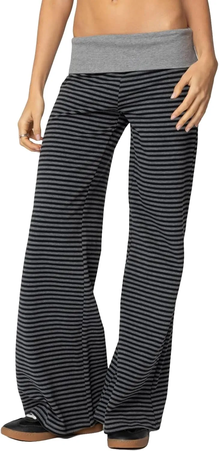 Flare Wide Leg Sweatpants Women Elastic Waist Stripe Ribbed Sweatpants Baggy Yoga Pants Lounge Pajama Flowy Pants