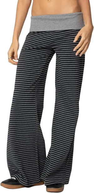 Flare Wide Leg Sweatpants Women Elastic Waist Stripe Ribbed Sweatpants Baggy Yoga Pants Lounge Pajama Flowy Pants