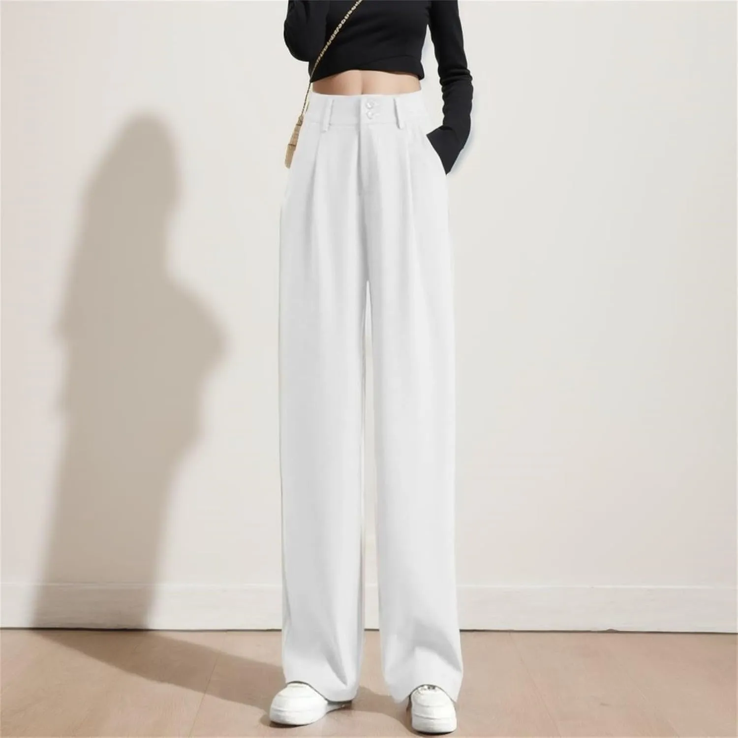 Flowy Pants for Women Casual Straight Leg Summer Business Pants Solid Color Button High Waisted Plain Breathable Trousers