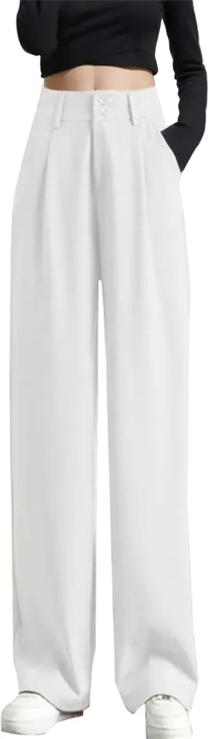 Flowy Pants for Women Casual Straight Leg Summer Business Pants Solid Color Button High Waisted Plain Breathable Trousers
