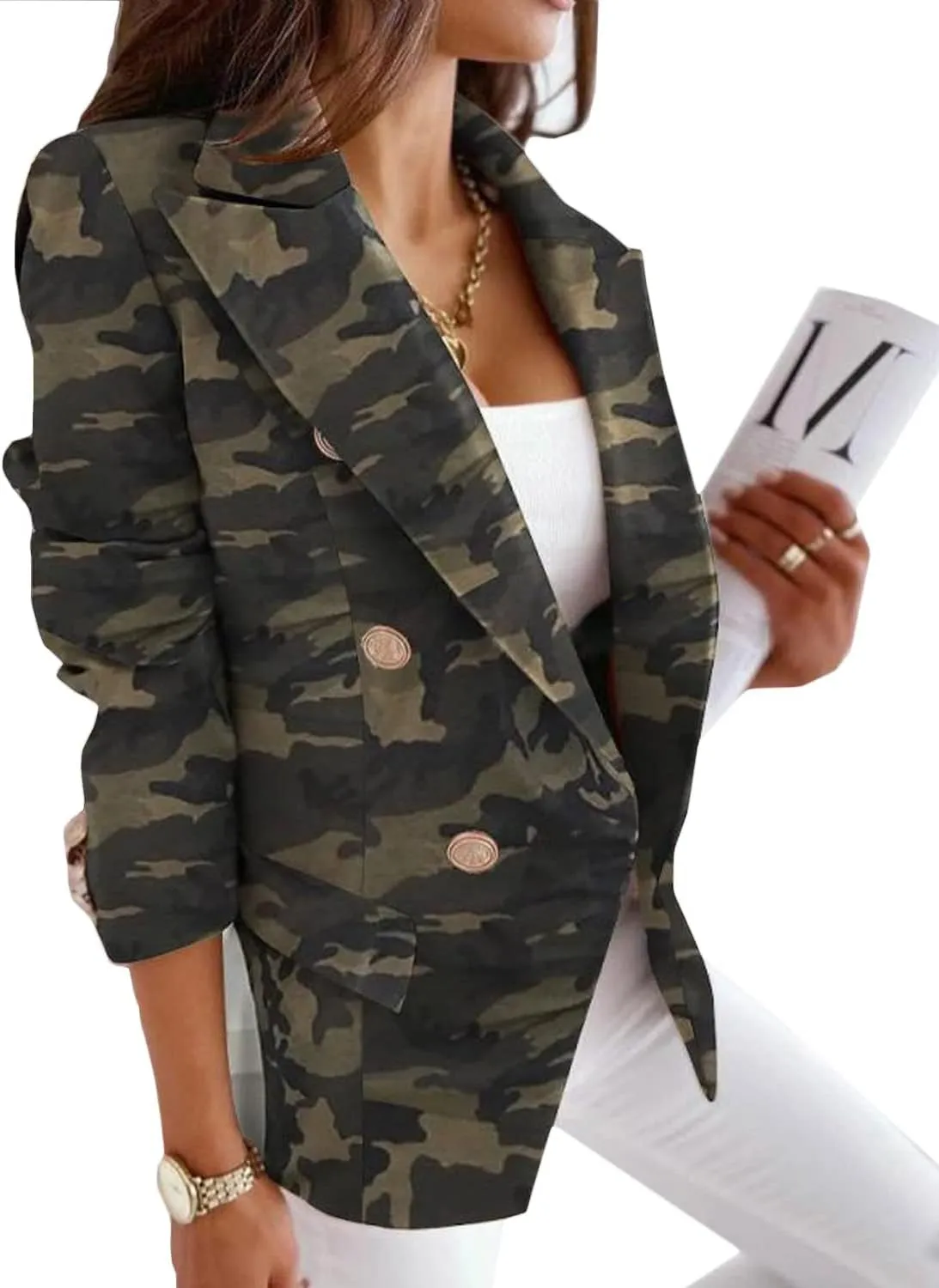 futurino Women's Casual Blazer Front Open Long Sleeve, Double Breasted Blazer Vintage Print Plaid Slim Suit for Women