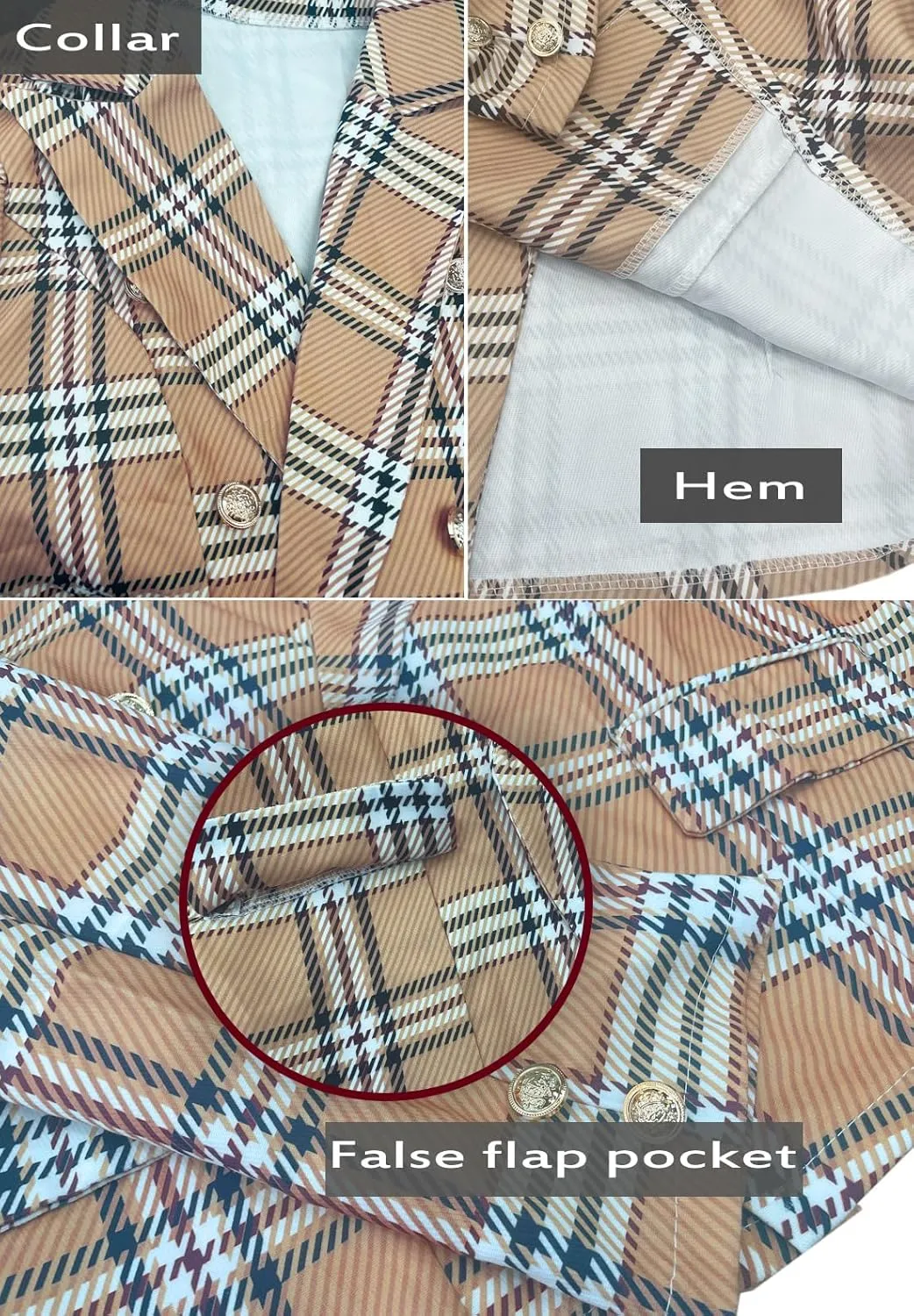 futurino Women's Casual Blazer Front Open Long Sleeve, Double Breasted Blazer Vintage Print Plaid Slim Suit for Women