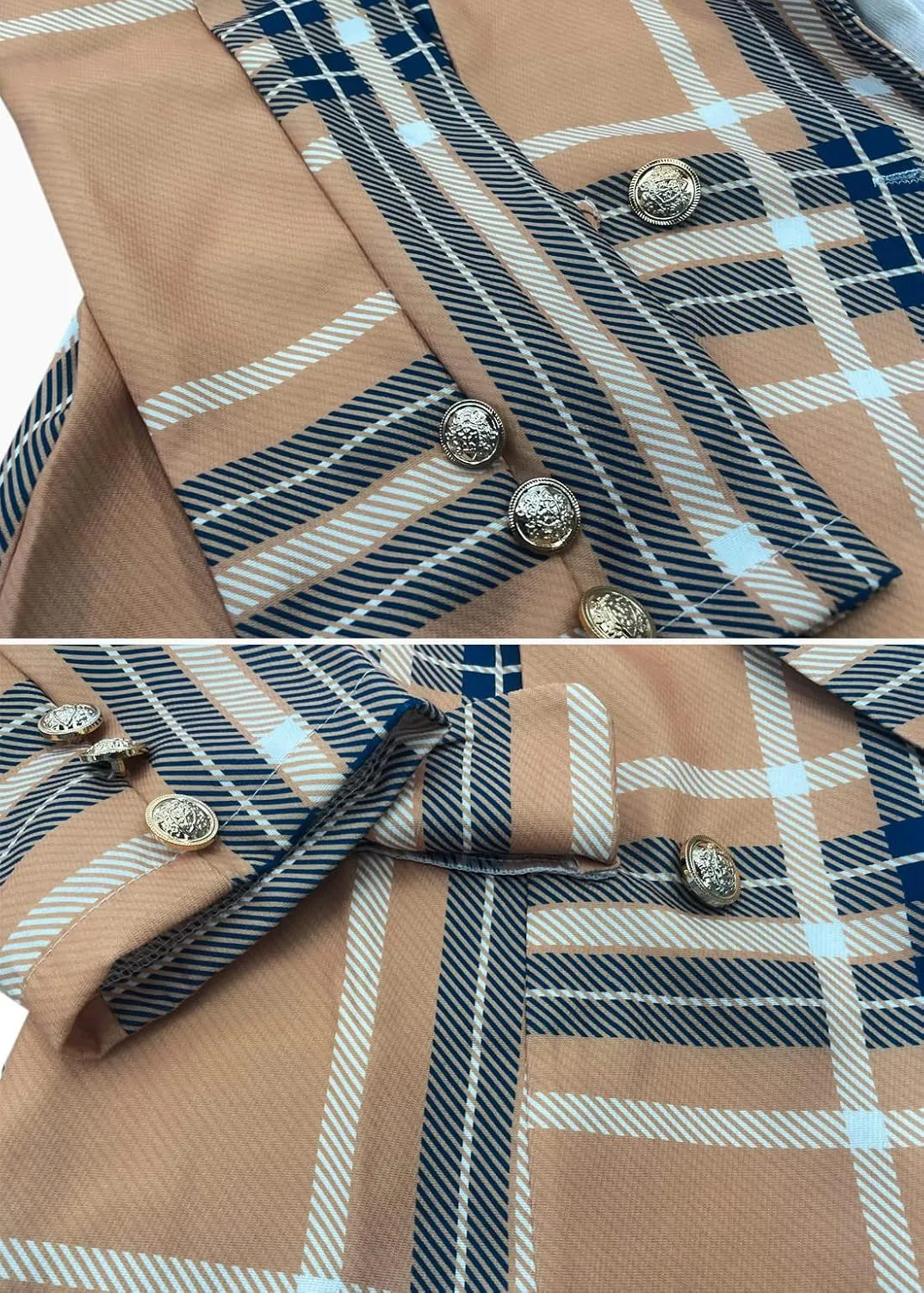 futurino Women's Casual Blazer Front Open Long Sleeve, Double Breasted Blazer Vintage Print Plaid Slim Suit for Women