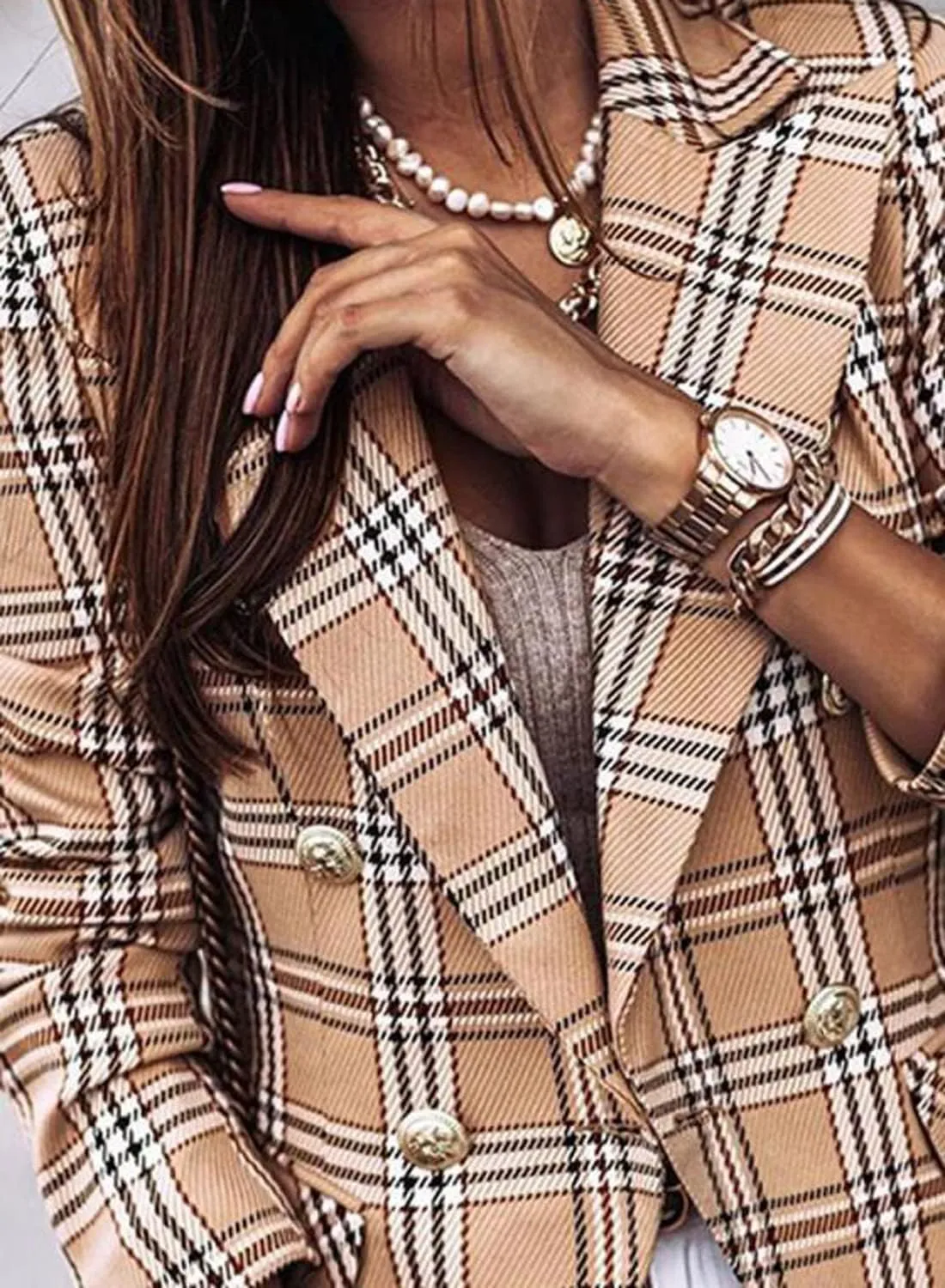 futurino Women's Casual Blazer Front Open Long Sleeve, Double Breasted Blazer Vintage Print Plaid Slim Suit for Women