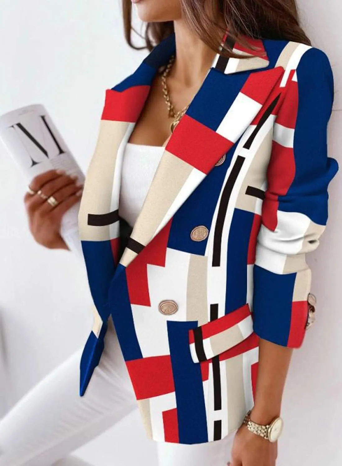 futurino Women's Casual Blazer Front Open Long Sleeve, Double Breasted Blazer Vintage Print Plaid Slim Suit for Women