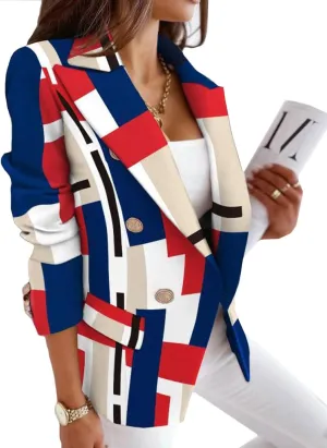 futurino Women's Casual Blazer Front Open Long Sleeve, Double Breasted Blazer Vintage Print Plaid Slim Suit for Women