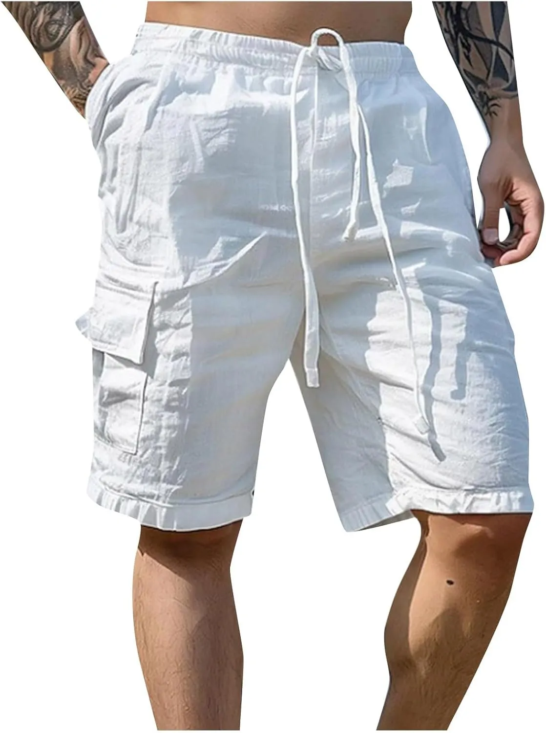 Fxbar Men's Cargo Shorts Cotton Linen Stretch Waist with Drawstring Multi Pockets Casual Athletic Summer Beach Gym Shorts