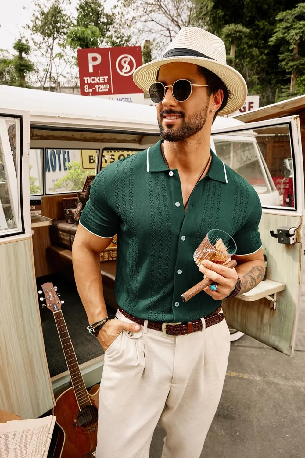 GRACE KARIN Men's Knit Polo Shirt Breathable Hollow Out Casual Button Down Shirts