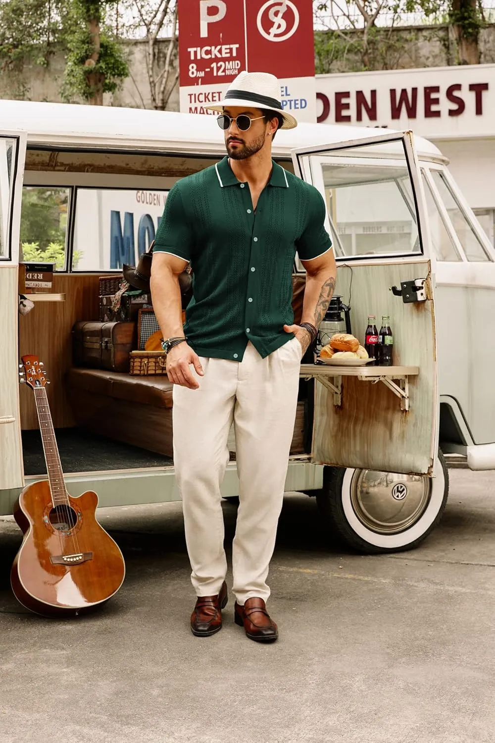 GRACE KARIN Men's Knit Polo Shirt Breathable Hollow Out Casual Button Down Shirts