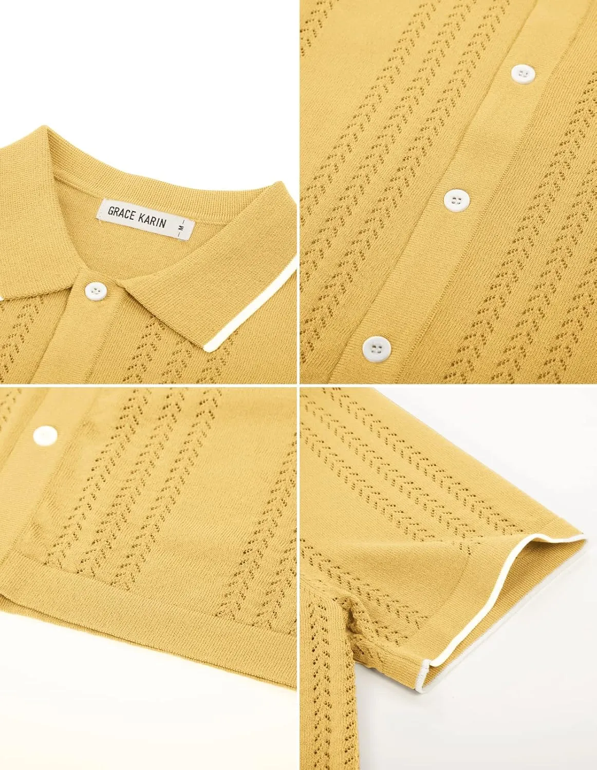GRACE KARIN Men's Knit Polo Shirt Breathable Hollow Out Casual Button Down Shirts