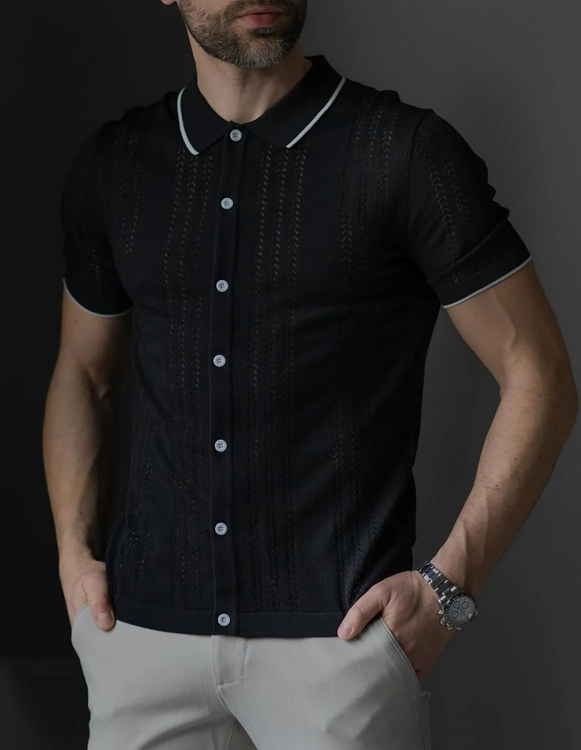 GRACE KARIN Men's Knit Polo Shirt Breathable Hollow Out Casual Button Down Shirts