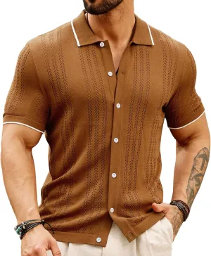 GRACE KARIN Men's Knit Polo Shirt Breathable Hollow Out Casual Button Down Shirts