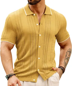GRACE KARIN Men's Knit Polo Shirt Breathable Hollow Out Casual Button Down Shirts