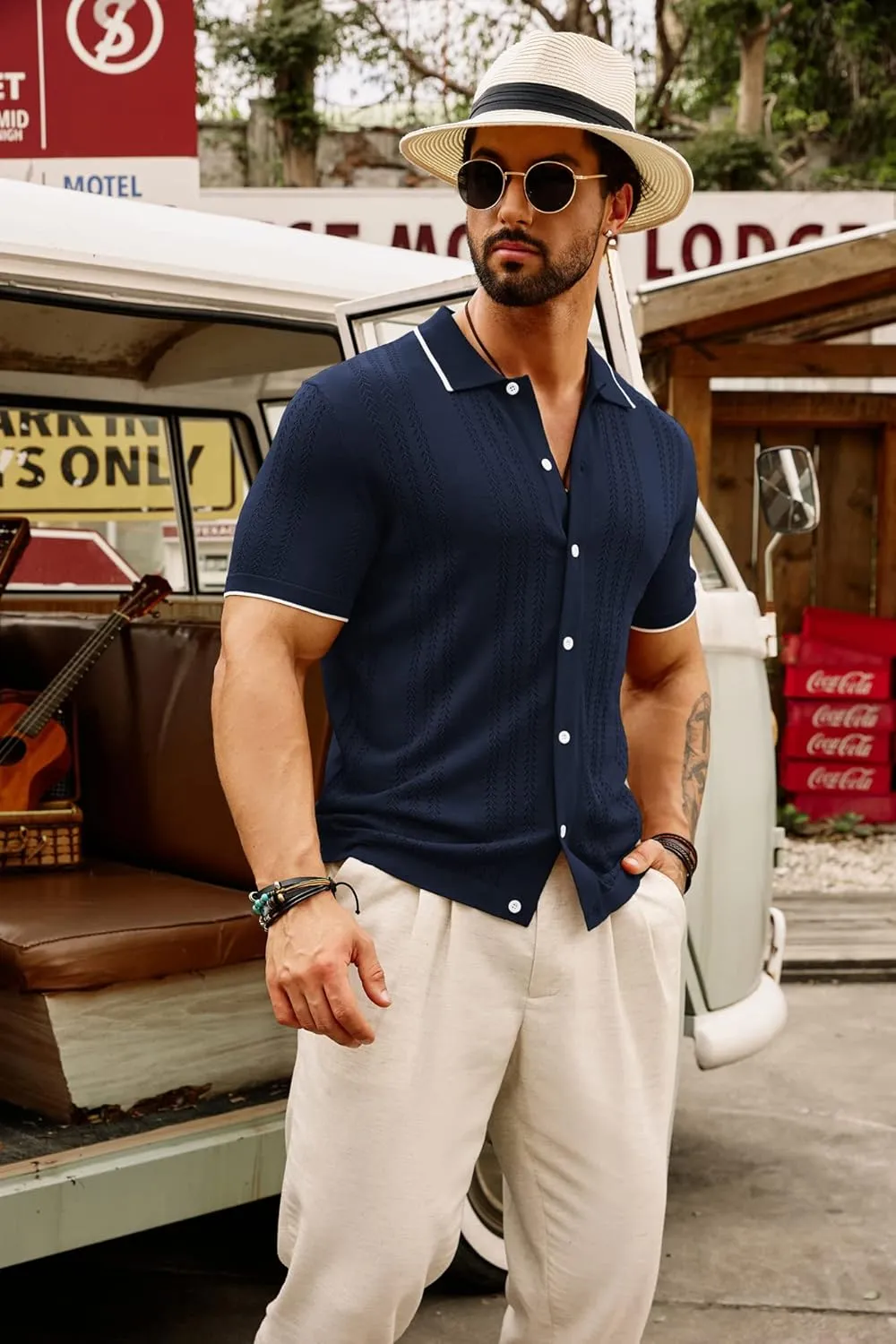 GRACE KARIN Men's Knit Polo Shirt Breathable Hollow Out Casual Button Down Shirts