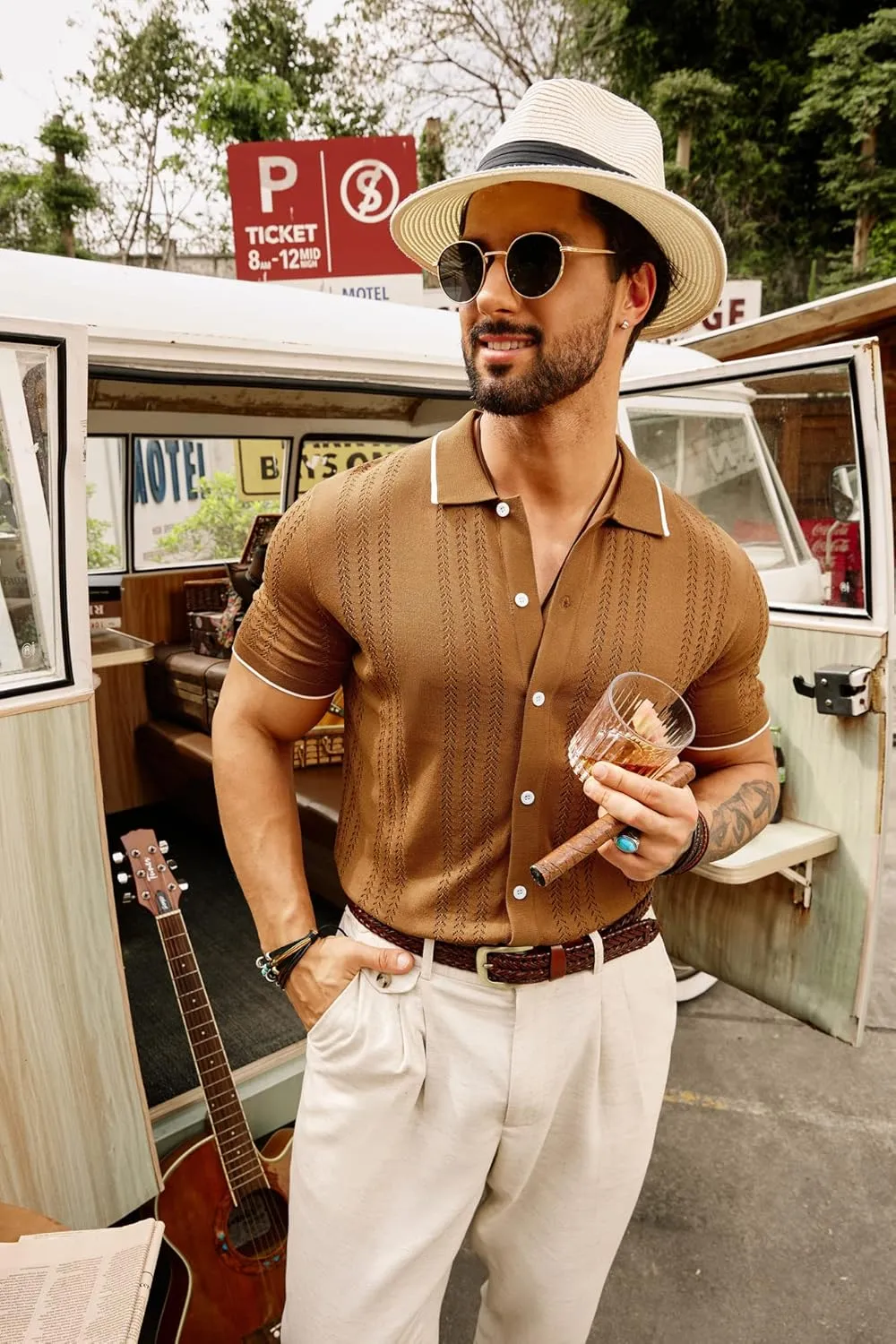 GRACE KARIN Men's Knit Polo Shirt Breathable Hollow Out Casual Button Down Shirts