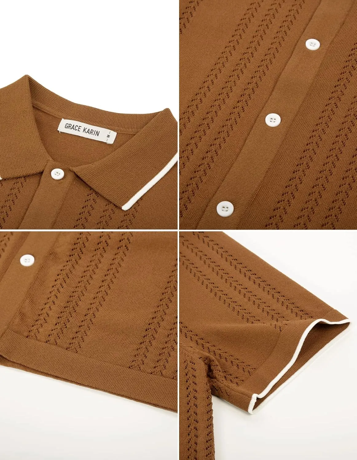 GRACE KARIN Men's Knit Polo Shirt Breathable Hollow Out Casual Button Down Shirts