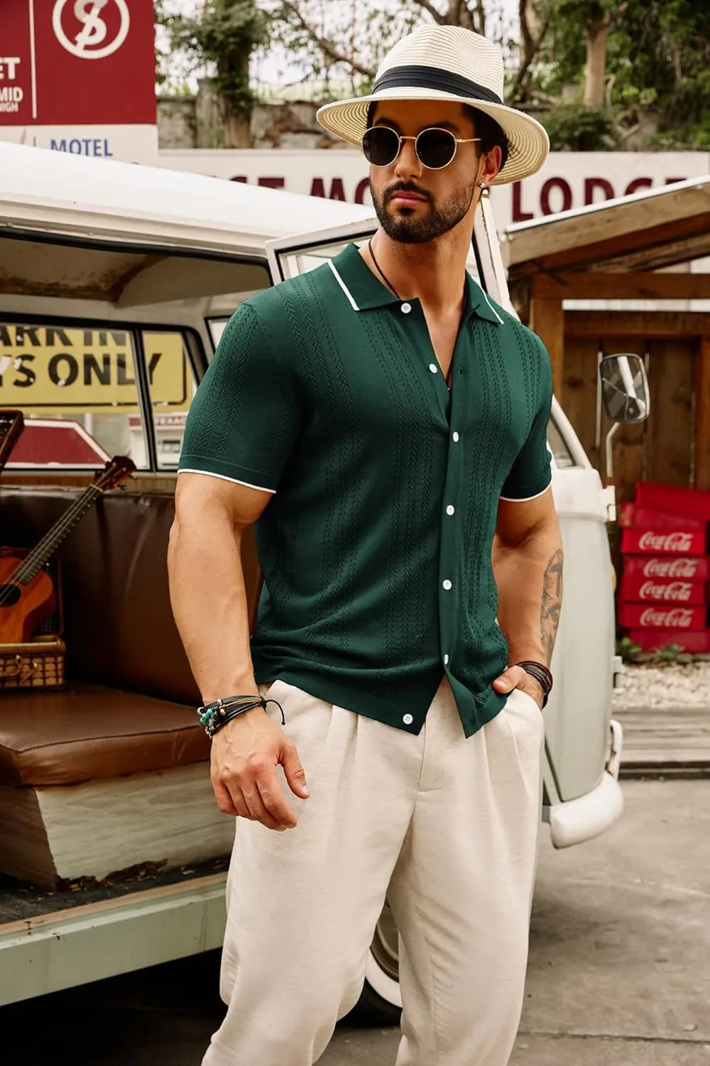 GRACE KARIN Men's Knit Polo Shirt Breathable Hollow Out Casual Button Down Shirts