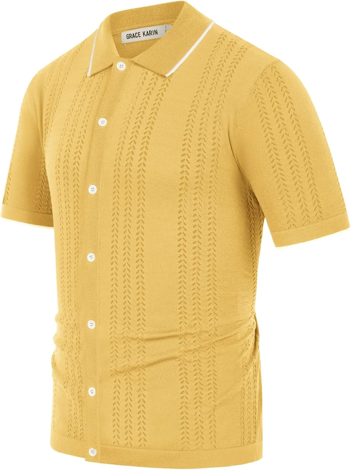 GRACE KARIN Men's Knit Polo Shirt Breathable Hollow Out Casual Button Down Shirts