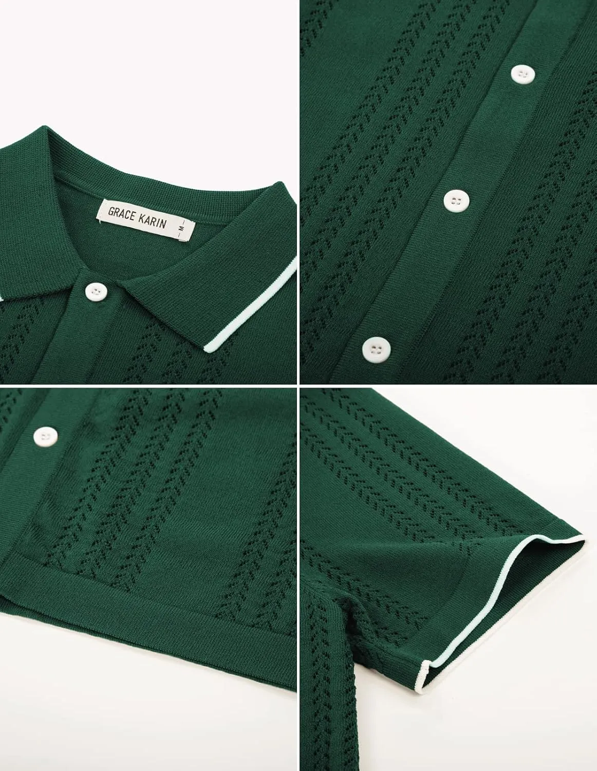 GRACE KARIN Men's Knit Polo Shirt Breathable Hollow Out Casual Button Down Shirts